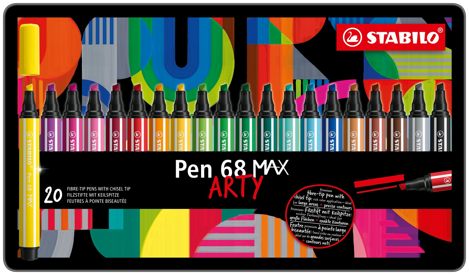 Stabilo Pen 68 MAX - Pennarello Premium con Punta a Scalpello (1 5 mm) - Scatola in Metallo da 20 Colori Assortiti