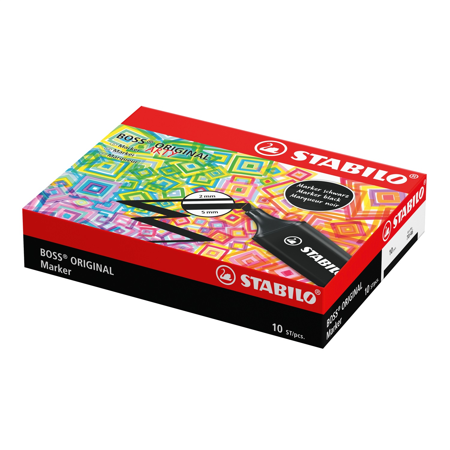 STABILO BOSS ORIGINAL Evidenziatore Nero - Confezione da 10 pz, Punta Smussata 2-5 mm, Tecnologia Anti-Dry-Out