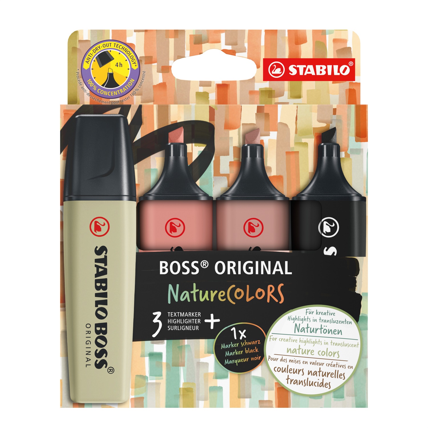 STABILO BOSS ORIGINAL NatureColors - Evidenziatore 4 pz con Punta Smussata, Colori: Verde Oliva, Fava di Cacao, Terra di Siena, Nero, Tecnologia Anti-Dry-Out