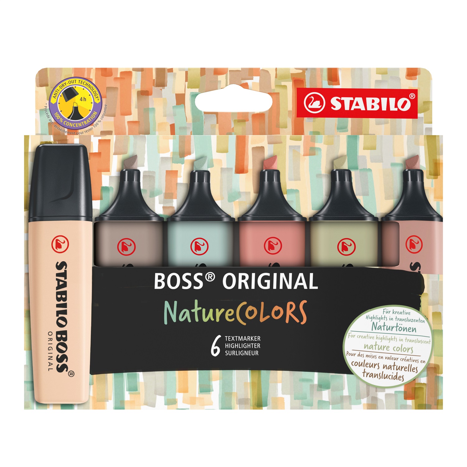 Stabilo BOSS ORIGINAL NatureColors - Evidenziatore Astuccio da 6 Pezzi - Colori: Sabbia, Cenere, Foglia di Tè, Terra di Siena, Verde Oliva, Fava di Cacao - Tratto 2 5 mm