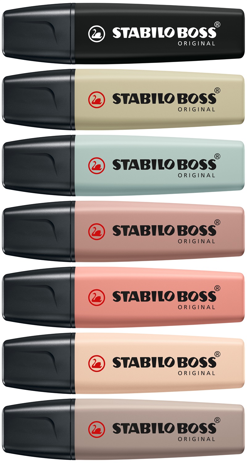 STABILO BOSS ORIGINAL NatureColors - Evidenziatore 8 pz Punta a Scalpello Tratto 2-5 mm - Colori Assortiti: Nero, Sabbia, Cenere, Foglia di Tè, Terra di Siena, Verde Oliva, Fava di Cacao