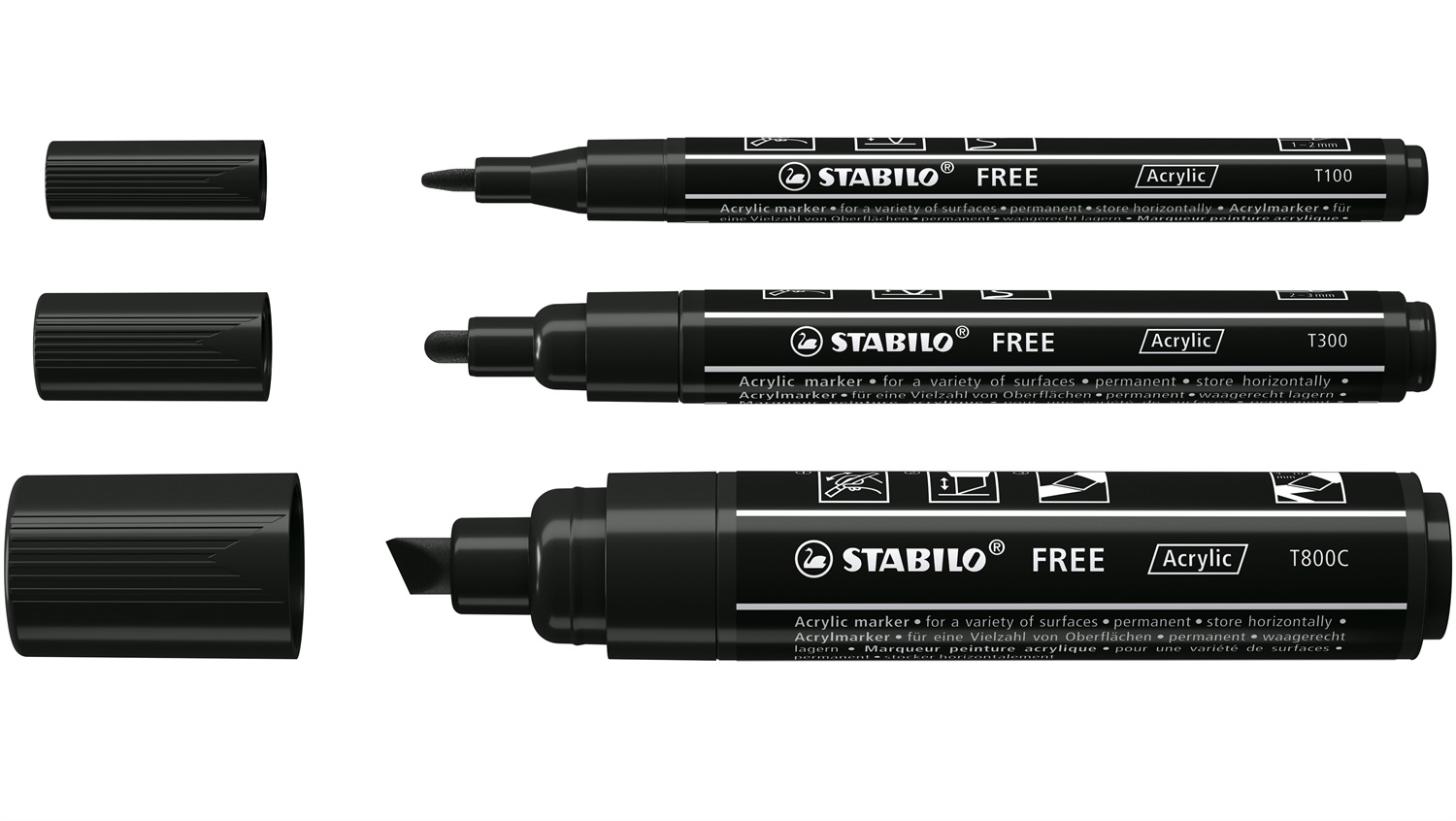 Stabilo FREE Acrylic - Marker Acrilico Nero - Pack da 3 con 3 Punte Diverse (1-2 mm, 2-3 mm, 4-10 mm)