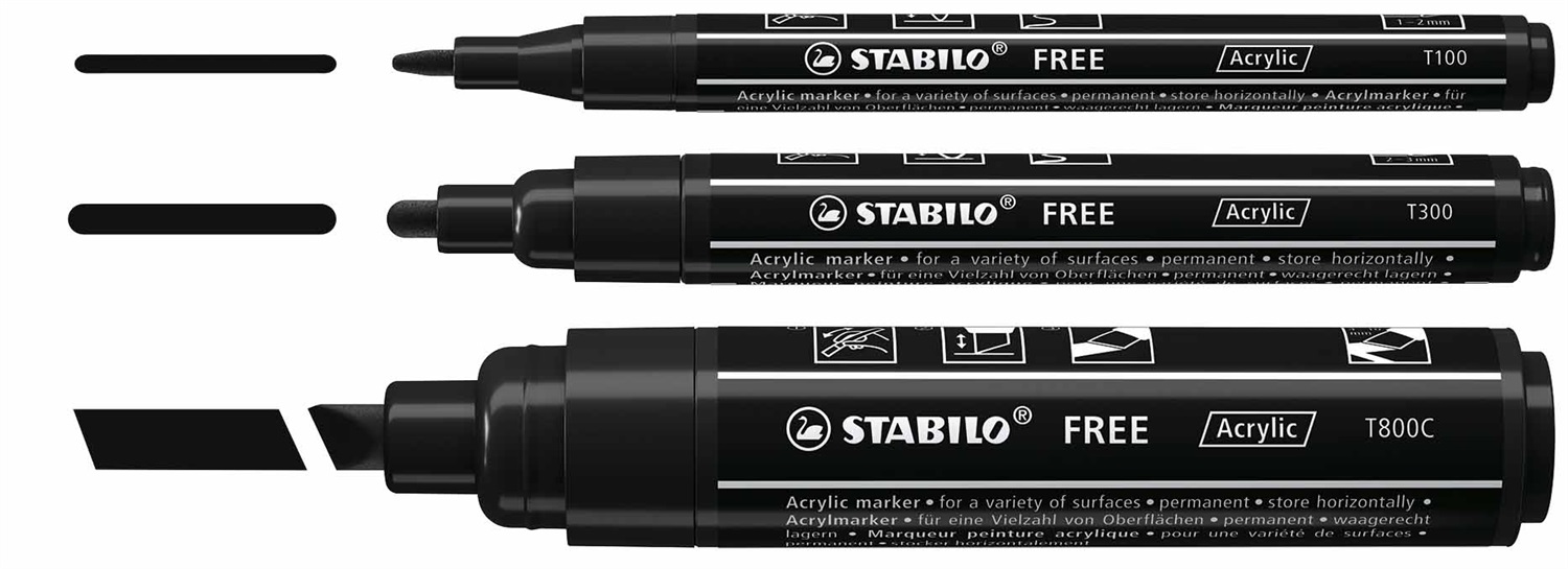 Stabilo FREE Acrylic - Marker Acrilico Nero - Pack da 3 con 3 Punte Diverse (1-2 mm, 2-3 mm, 4-10 mm)