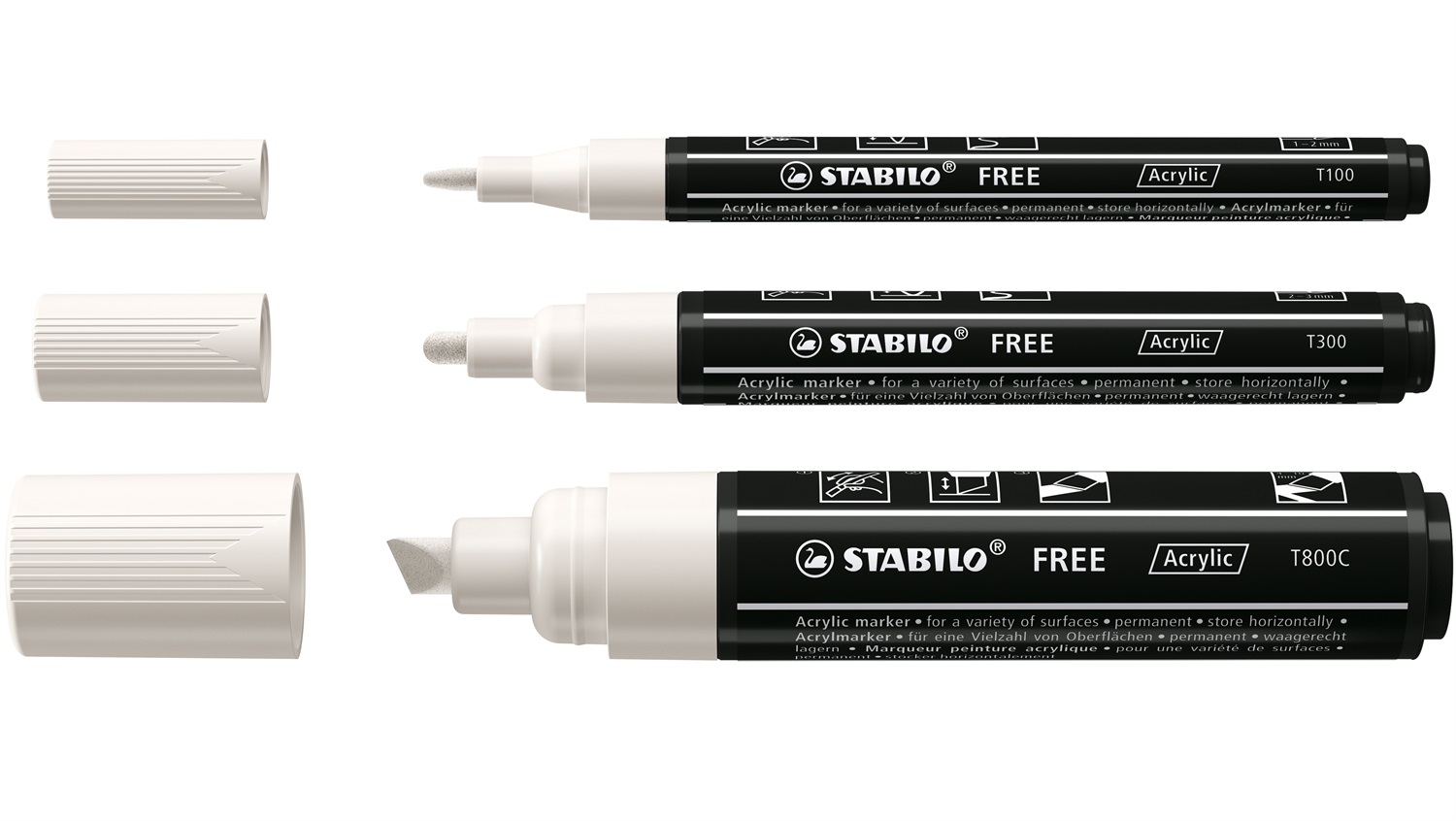 STABILO FREE Acrylic - Marker Acrilico Bianco - Pack da 3 con 3 Punte Diverse (1-2 mm, 2-3 mm, 4-10 mm)