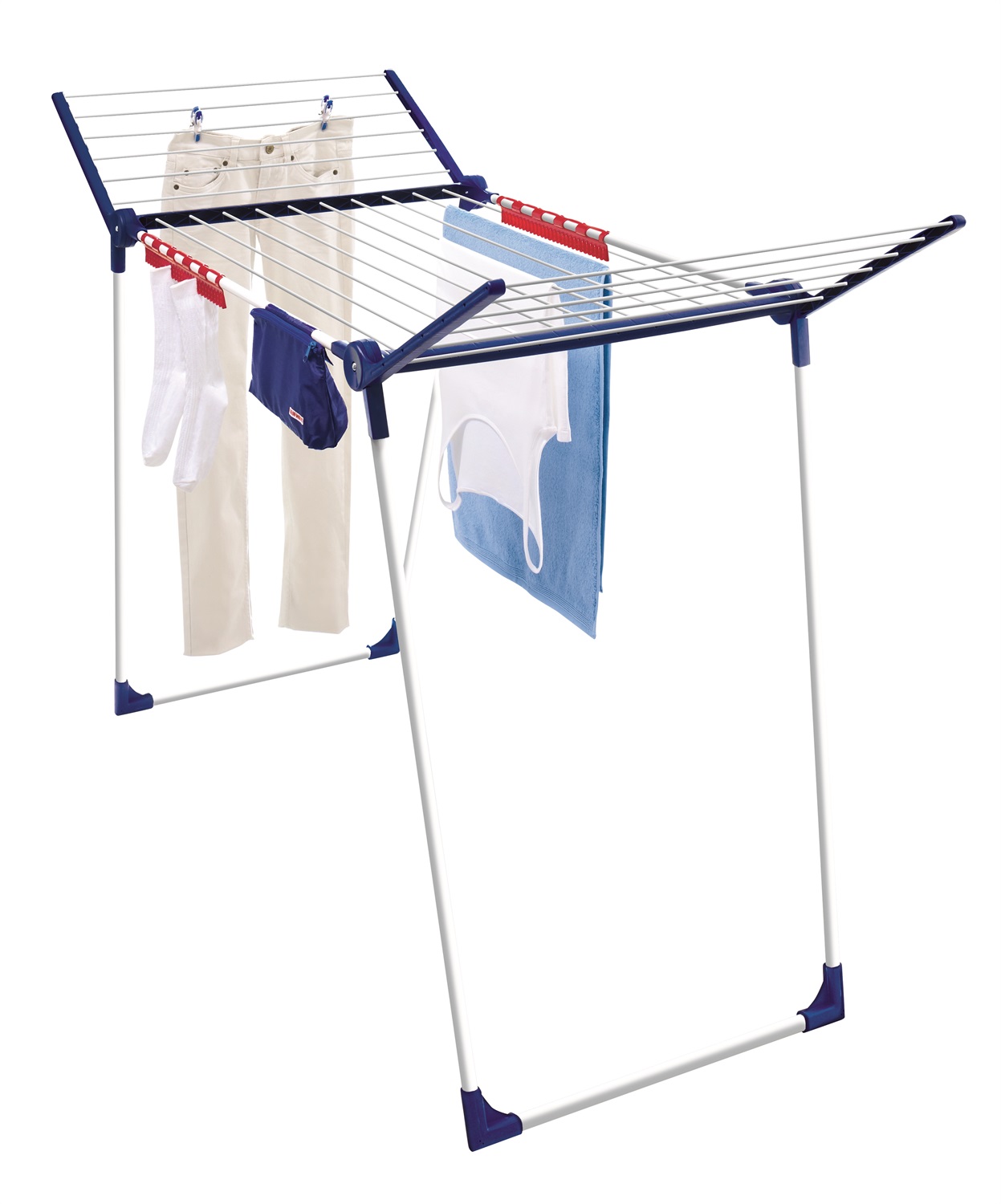 Leifheit Pegasus 180 Solid Plus Stendibiancheria da pavimento Estensibile con Ali Pieghevoli e Porta Mollette - Blu, Argento