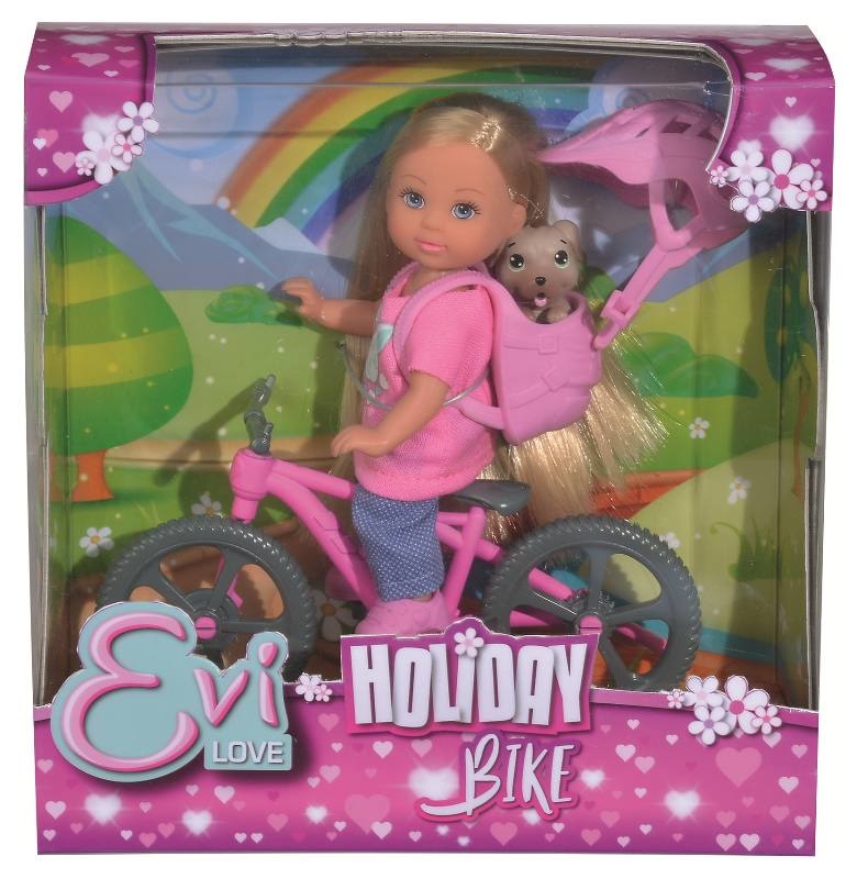 Simba - Bambola Snodata Evi in Bici con Cagnolino, Alta 12 cm, per Bambini da 3 Anni