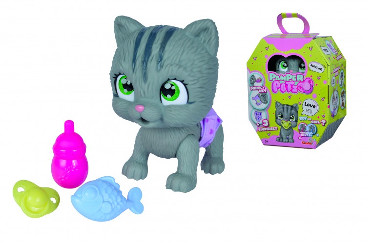 Simba Pamper Petz Gattino Elettronico 15 cm - Gioco Interattivo con Funzione Beve e Bagna, Pannolino Cambiacolore e 3 Accessori a Sorpresa, per Bambini 3 Anni
