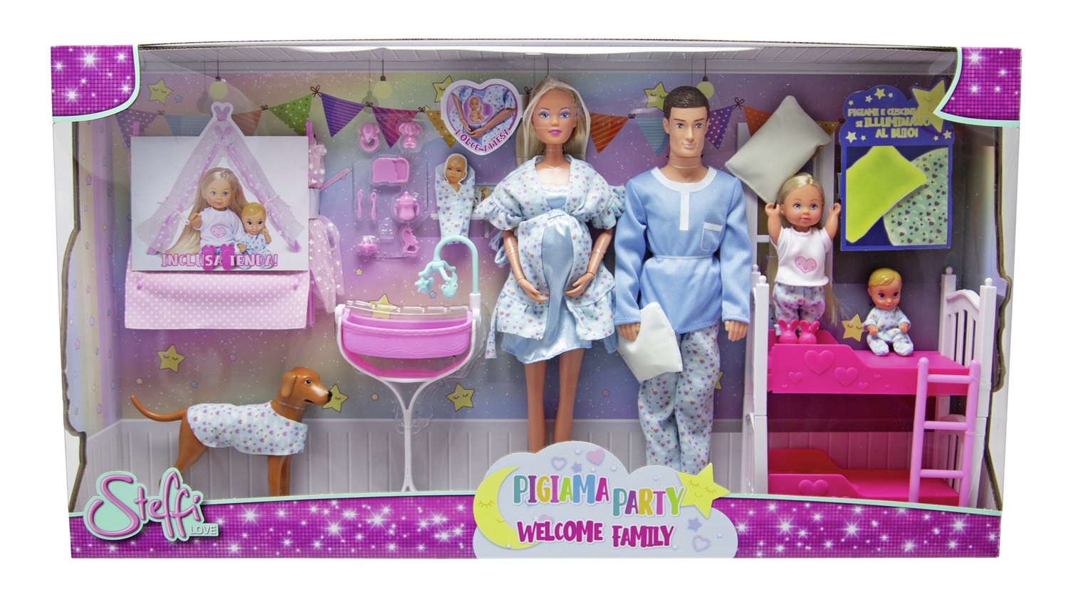 Simba Steffi Love Pigiama Party - Set Famiglia con Pigiami e Cuscini che Brillano al Buio, Lettino e Tenda Inclusi, Adatto per Bambini da 3 Anni