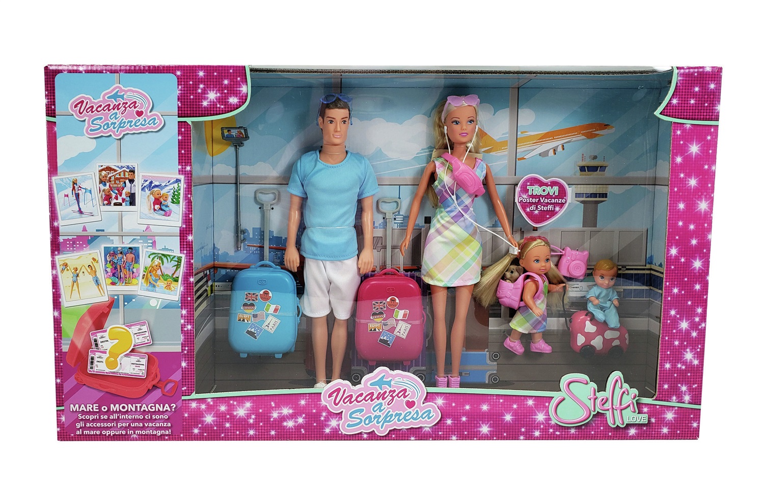 Simba Steffi Love Vacanza a Sorpresa - Set di 4 Bambole con Accessori per Bambini 3 Anni