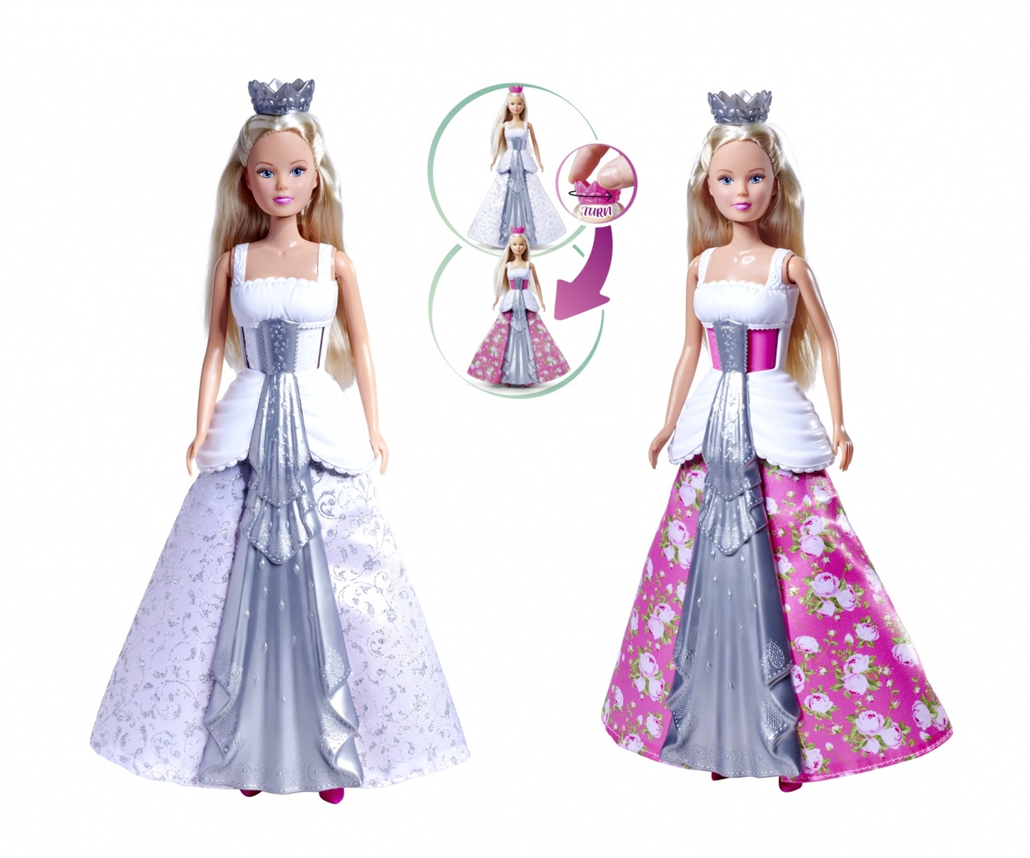 Simba Steffi Love Wedding Magic - Bambola 29 cm con Abito 2 in 1 (Sposa Bianco-Argento e Principessa Rosa) per Bambini dai 3 Anni