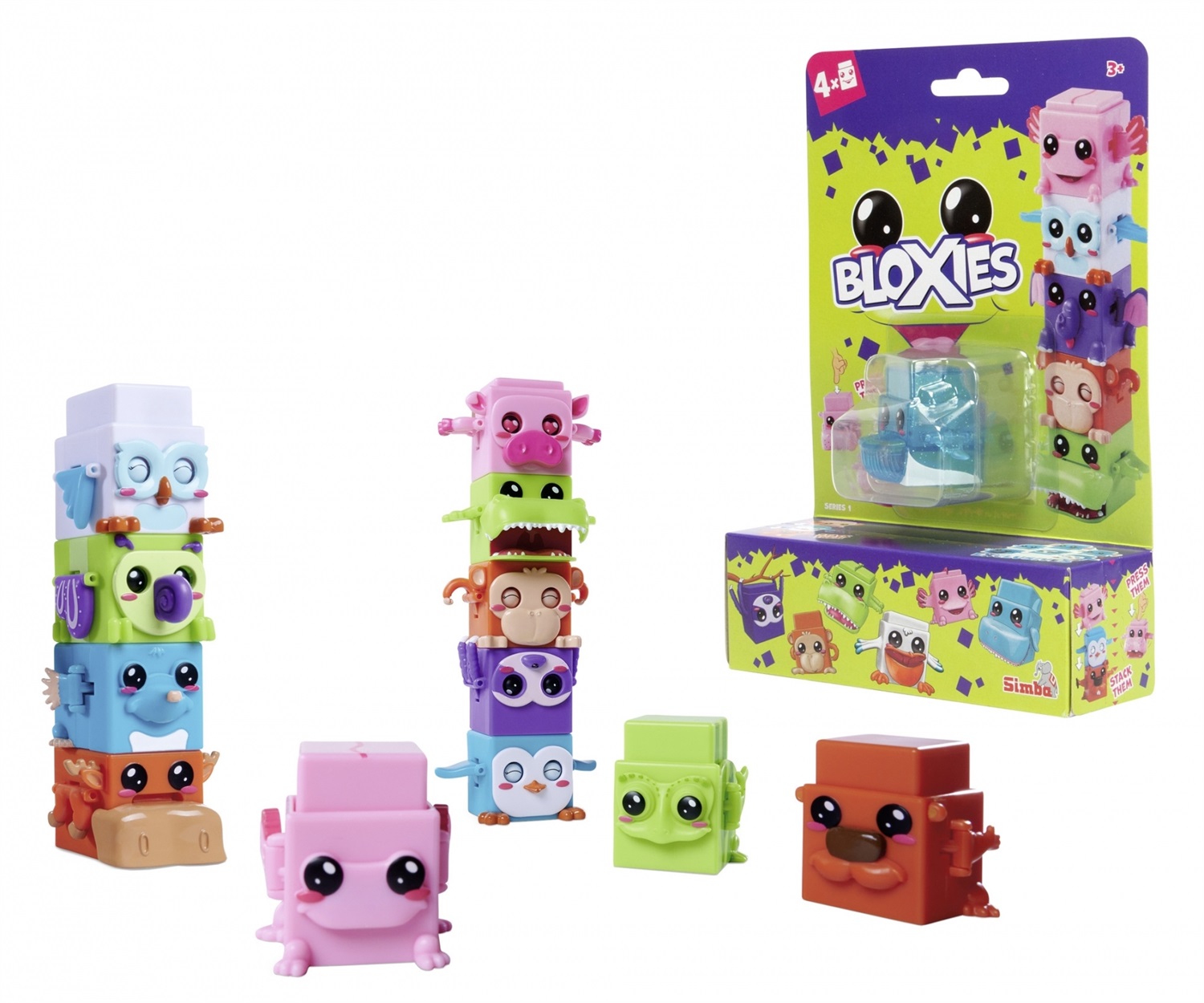 Simba Toys Bloxies 105952627 - Set di Costruzione con 4 Pezzi di Animali Impilabili per Bambini dai 3 Anni