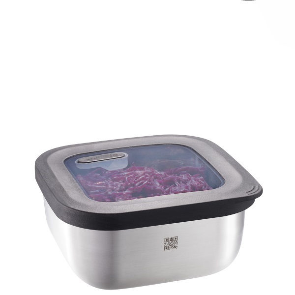 GEFU Provido Contenitore Salvafreschezza Quadrato 900 ml in Acciaio Inox e Plastica, Ermetico e Impilabile con Codice QR