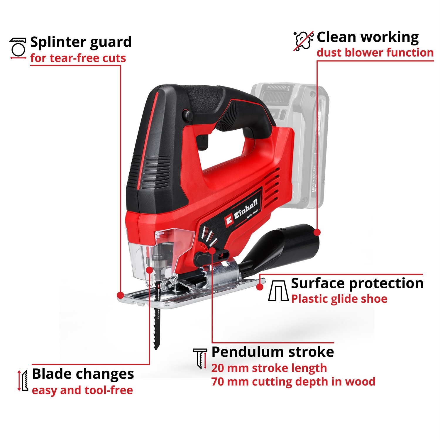 Einhell TC-JS 18 Li - Seghetto Alternativo a Batteria 400W, 2700 spm, Taglio Legno 70mm, Azione Pendolare, Power X-Change