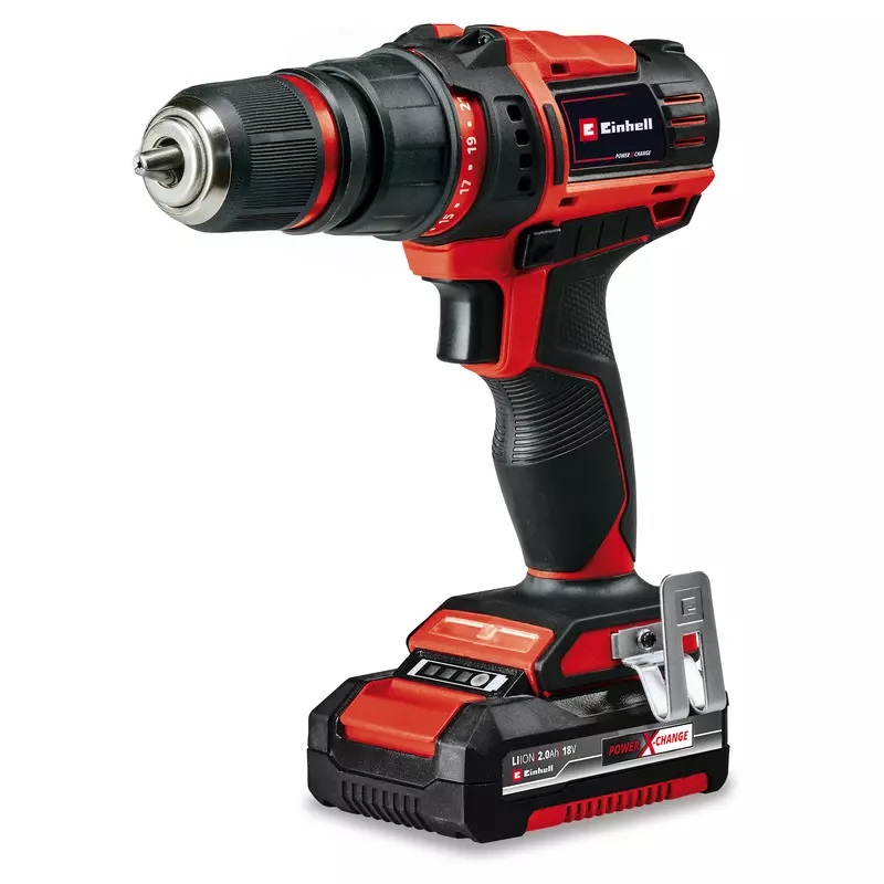 Einhell TE-CD 18/45 Trapano avvitatore a batteria Power X-Change con mandrino amovibile, attacco angolare ed eccentrico, 1x2,0 Ah e 22 accessori