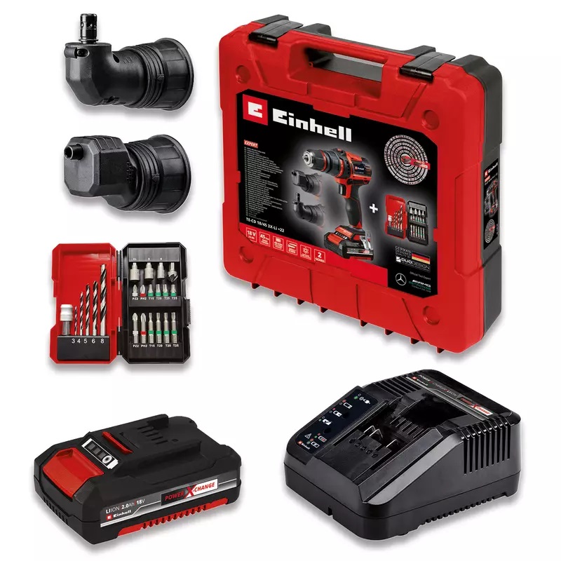 Einhell TE-CD 18/45 Trapano avvitatore a batteria Power X-Change con mandrino amovibile, attacco angolare ed eccentrico, 1x2,0 Ah e 22 accessori