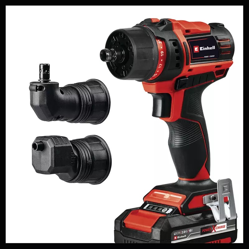 Einhell TE-CD 18/45 Trapano avvitatore a batteria Power X-Change con mandrino amovibile, attacco angolare ed eccentrico, 1x2,0 Ah e 22 accessori