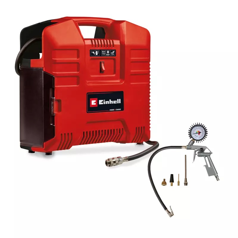Einhell TE-AC 36/8 Li OF Set-Solo Compressore Senza Olio, 36 V, Max 8 Bar, Portata 130 l/min, Kit 3 Adattatori Inclusi