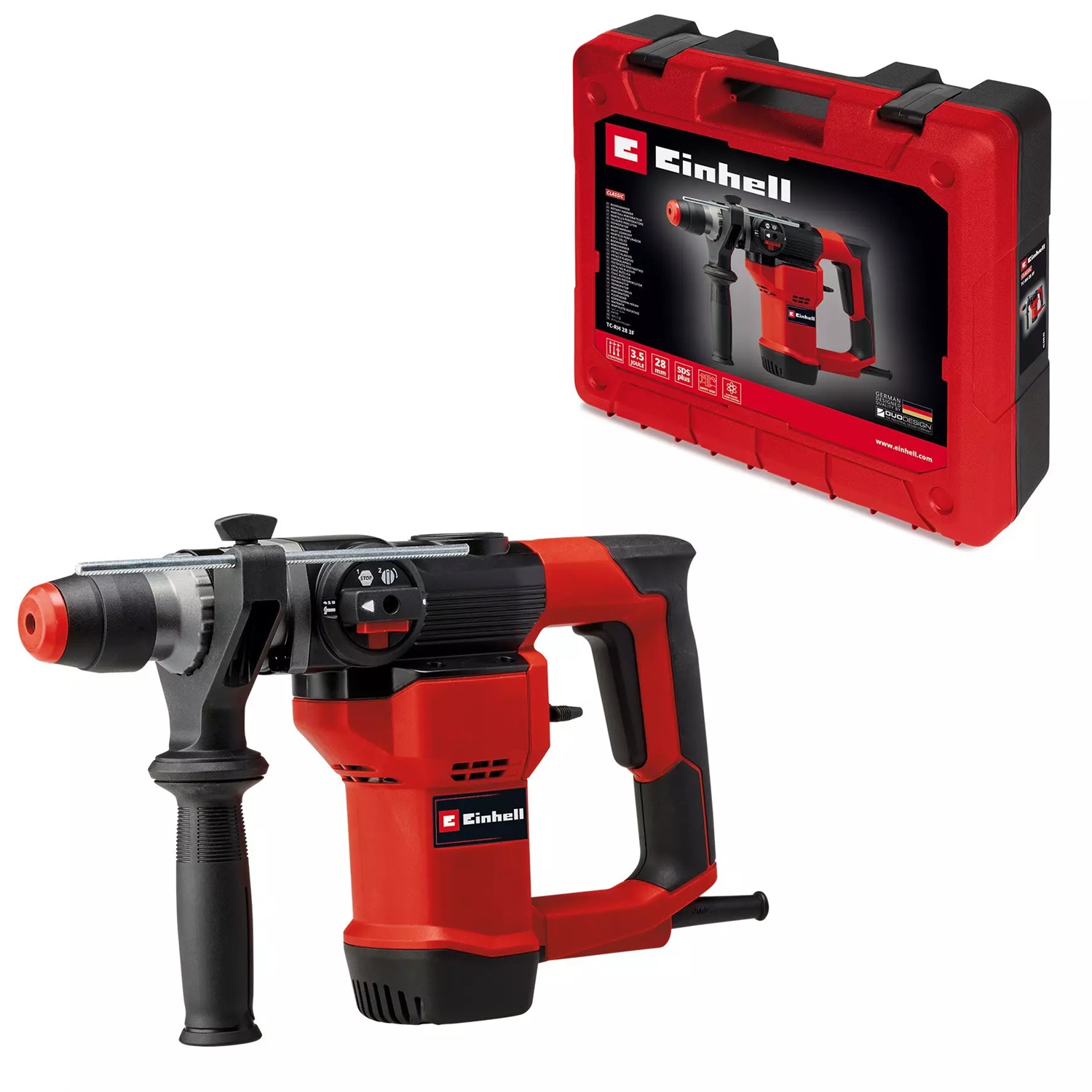 Einhell Martello Perforatore TC-RH 28 3F - 950 W, Forza di Colpimento 3,5 J, Mandrino SDS-plus, 3 Funzioni: Foratura, Perforazione a Percussione e Scalpello, Colore Nero/Rosso