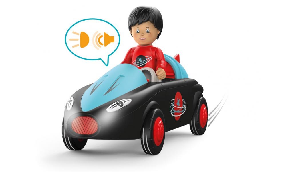 Toddys by siku 0115 Sam Speedy - Veicolo giocattolo componibile a 3 parti con luci, suoni e figurina mobile, motore a frizione, Nero/Turchese, per bambini dai 12 mesi