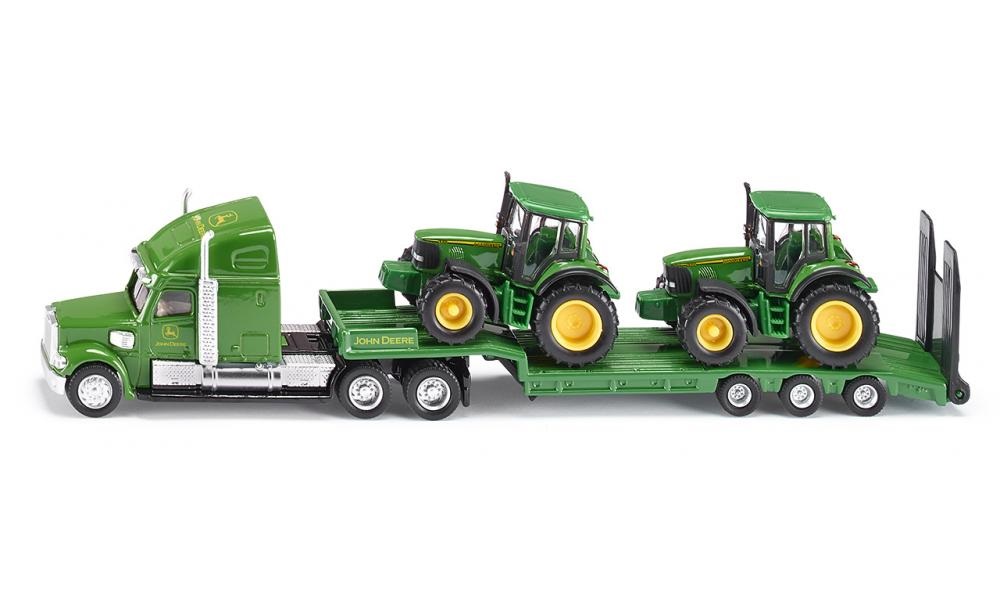 Siku 1837 Camion con Rimorchio a Pianale Ribassato e 2 Trattori John Deere, Scala 1:87, Metallo e Plastica, Verde