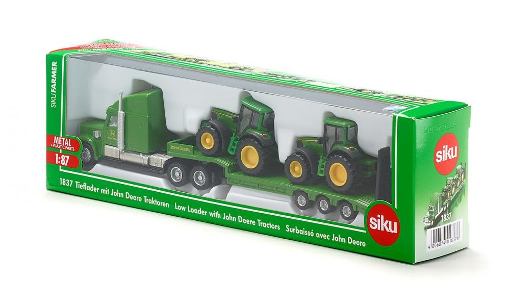 Siku 1837 Camion con Rimorchio a Pianale Ribassato e 2 Trattori John Deere, Scala 1:87, Metallo e Plastica, Verde