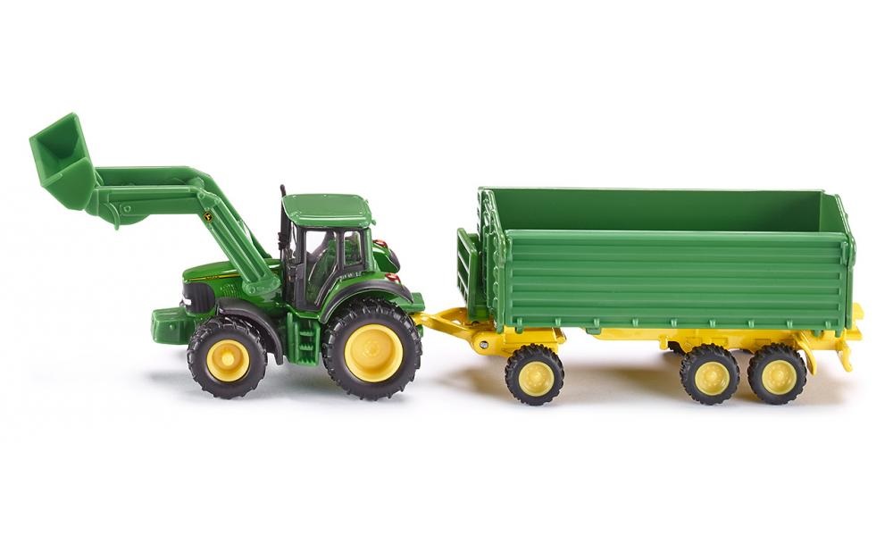 Siku 1843 Trattore John Deere con Caricatore Frontale e Rimorchio Ribaltabile, Scala 1:87, Metallo e Plastica, Verde