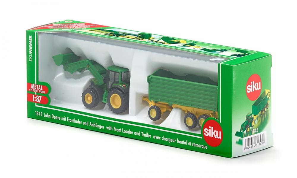 Siku 1843 Trattore John Deere con Caricatore Frontale e Rimorchio Ribaltabile, Scala 1:87, Metallo e Plastica, Verde