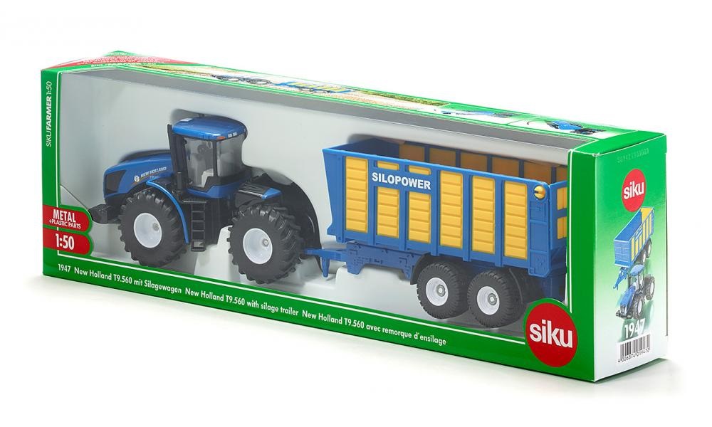 Siku 1947 Trattore New Holland T con Rimorchio - Scala 1/50, Metallo e Plastica, Blu, Multifunzionale