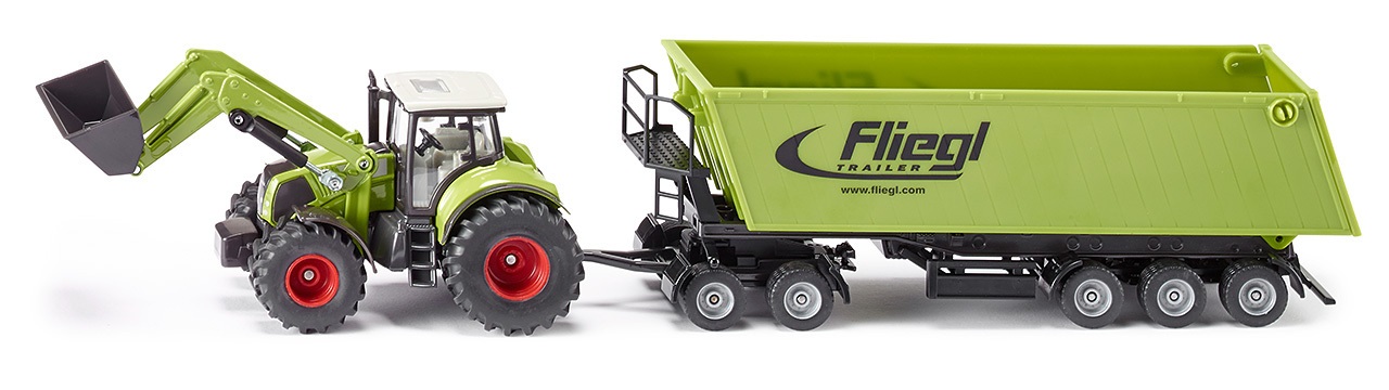 Siku 1949 Trattore Claas Axion con Caricatore Frontale, Rimorchio Dolly e Cassone Ribaltabile, Scala 1:50, Metallo e Plastica, Verde