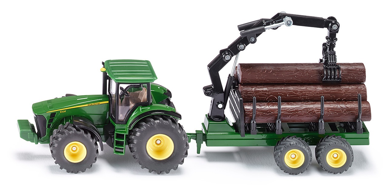 Siku 1954 Trattore John Deere con Rimorchio Forestale 1:50 - Metallo e Plastica Verde, Braccio e Pinza Operativi, Inclusi 6 Tronchi d'Albero