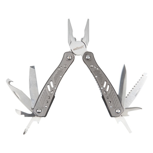 wolfcraft 4080000 Pinza Multiuso Tascabile 13 in 1 - Attrezzo Richiudibile Metallico per Hobby, Fai-da-te, Campeggio e Viaggi