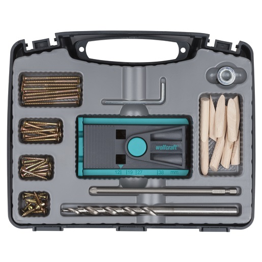 wolfcraft Set per Giunzioni Nascoste 55 Pezzi 4642000 - Set Completo per Fori a Tasca con Undercover Jig e Accessori