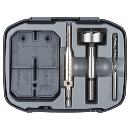 wolfcraft 4656000 Set di montaggio per cerniere Ø 35 mm, 5 pz - Include 2 dime per foratura