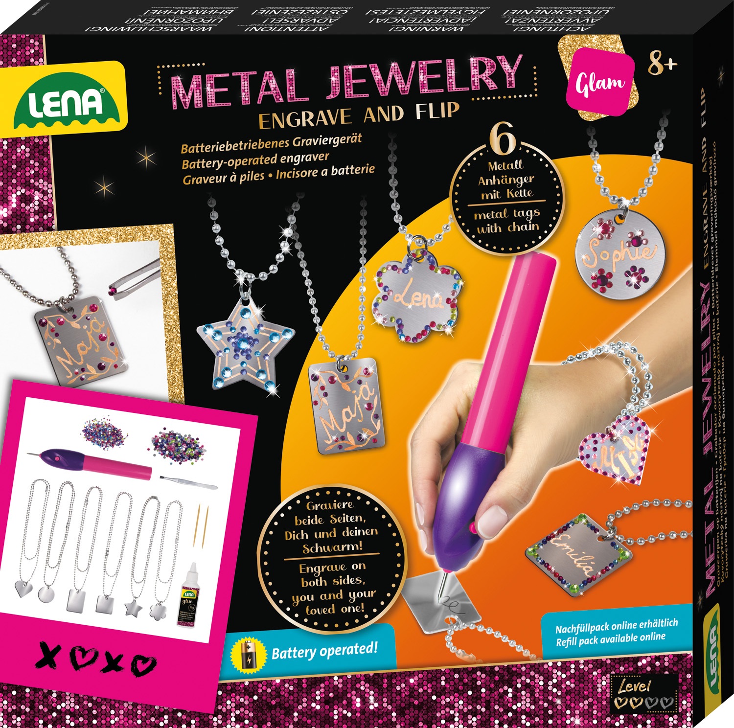 LENA - Set Gioielli in Metallo con Ciondoli, Incisore e Strumenti Creativi per Bambini a Partire dagli 8 Anni