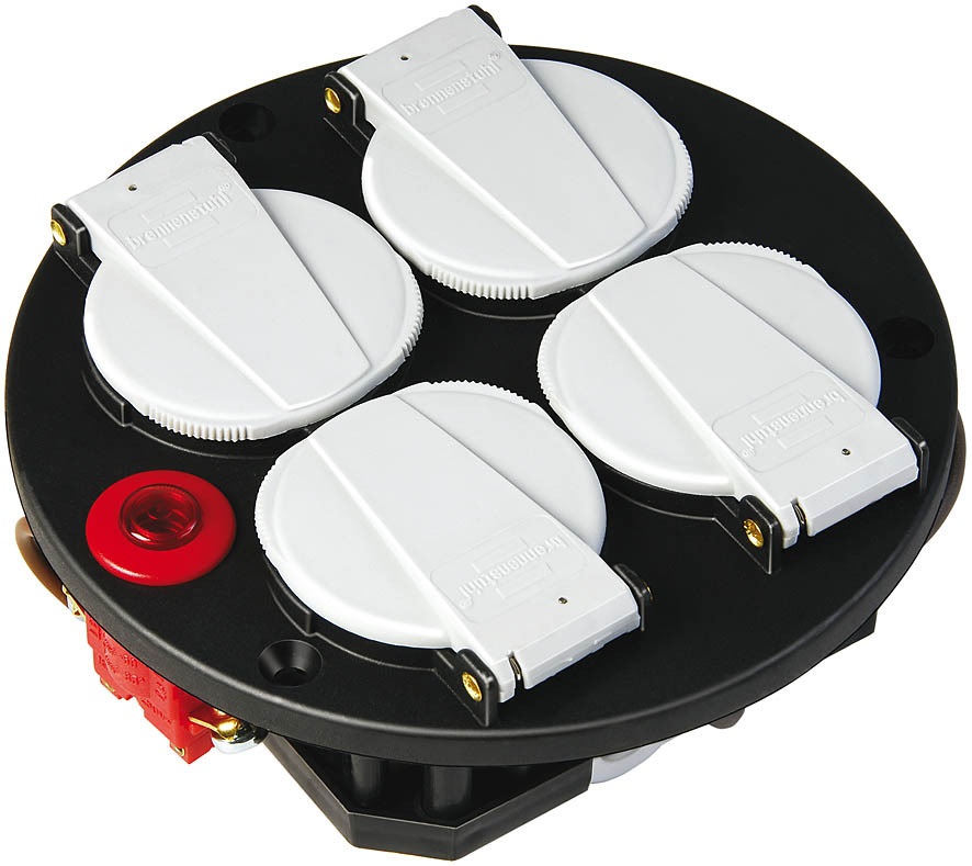 Brennenstuhl 1081080 Prolunga Multipla 4 Prese AC con Messa a Terra, Coperchi Autochiudenti e Protezione Anti Surriscaldamento - Nero, Rosso, Bianco