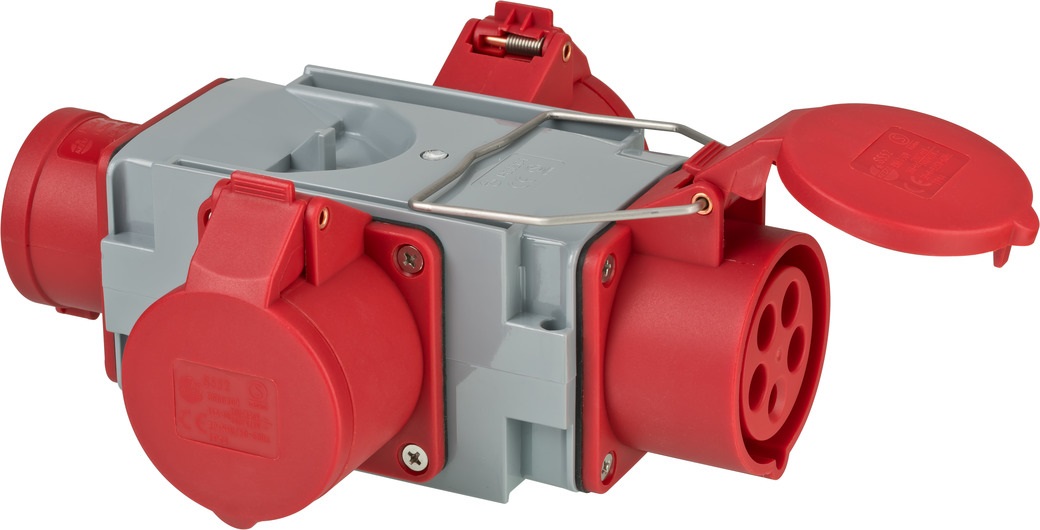 Brennenstuhl 1081640 Adattatore Distributore di Corrente IP44 - 1 Spina 3 Prese CEE 400 V/16 A per Cantieri, Grigio/Rosso