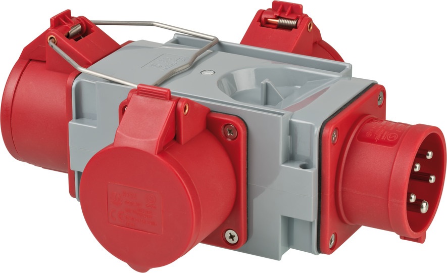 Brennenstuhl 1081640 Adattatore Distributore di Corrente IP44 - 1 Spina 3 Prese CEE 400 V/16 A per Cantieri, Grigio/Rosso