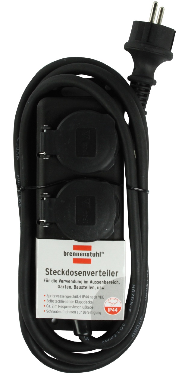 Brennenstuhl BN-1159930 - Multipresa 2 Prese AC 230 V, Nero, 2 m, Cavo in Neoprene, Coperchi Richiudibili, Protezione IP 44