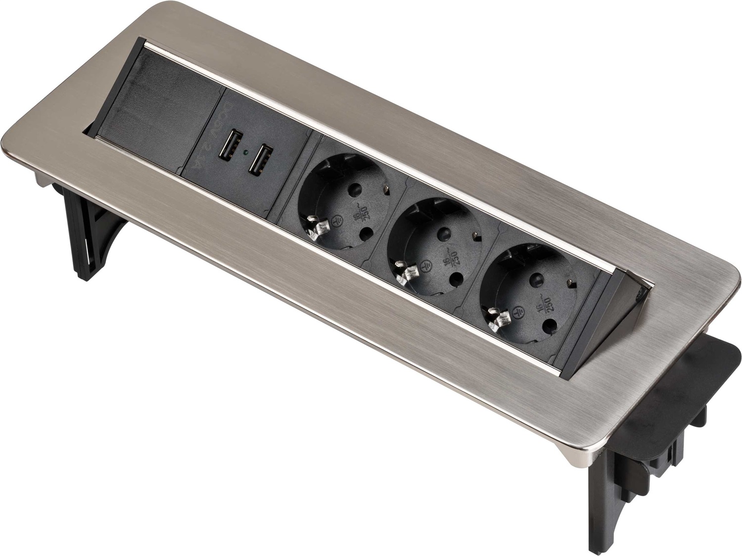 Brennenstuhl 1396200113 Ciabatta Elettrica da Tavolo a Scomparsa 2 m con 3 Prese AC e 2 USB, Interno, Nero, Acciaio Inox