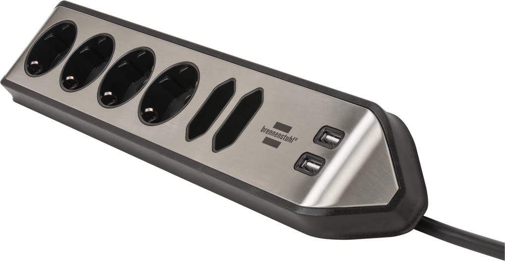 Brennenstuhl Presa Multipla Angolare 2 m con 6 Prese AC e 2 Porte USB, Superficie in Acciaio Inossidabile, Nero/Argento