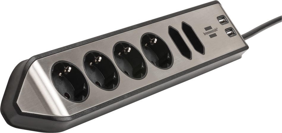 Brennenstuhl Presa Multipla Angolare 2 m con 6 Prese AC e 2 Porte USB, Superficie in Acciaio Inossidabile, Nero/Argento
