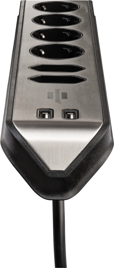 Brennenstuhl Presa Multipla Angolare 2 m con 6 Prese AC e 2 Porte USB, Superficie in Acciaio Inossidabile, Nero/Argento