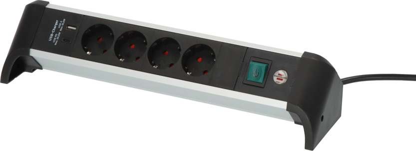 Brennenstuhl 1391040420 Ciabatta Elettrica 1,8 m con 4 Prese AC, USB Power Delivery Tipo C e USB-A, Interno, Ad Angolo, IP20, Alluminio, Nero e Argento