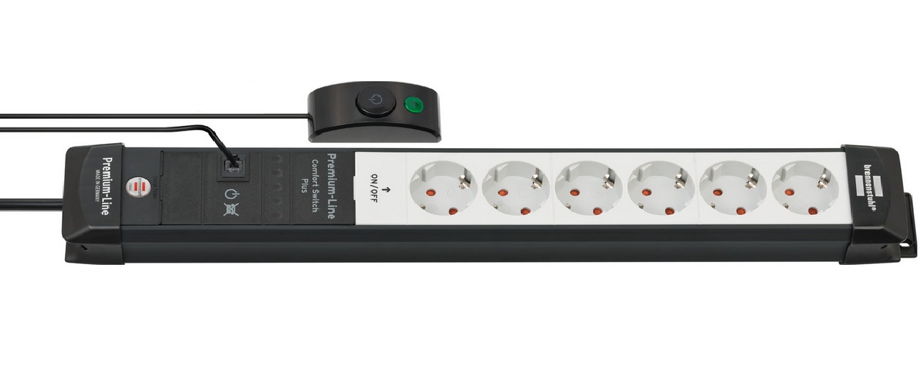 Brennenstuhl Premium Line Comfort Switch Plus - Ciabatta elettrica a 6 prese con cavo da 3 m, interruttore manuale/pedale, uso interno, colore nero/grigio, made in Germany