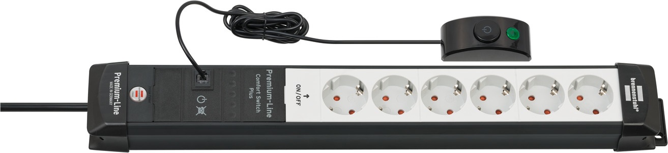 Brennenstuhl Premium Line Comfort Switch Plus - Ciabatta elettrica a 6 prese con cavo da 3 m, interruttore manuale/pedale, uso interno, colore nero/grigio, made in Germany