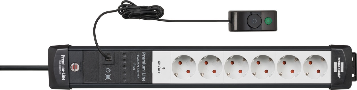 Brennenstuhl Premium Line Comfort Switch Plus - Ciabatta elettrica a 6 prese con cavo da 3 m, interruttore manuale/pedale, uso interno, colore nero/grigio, made in Germany