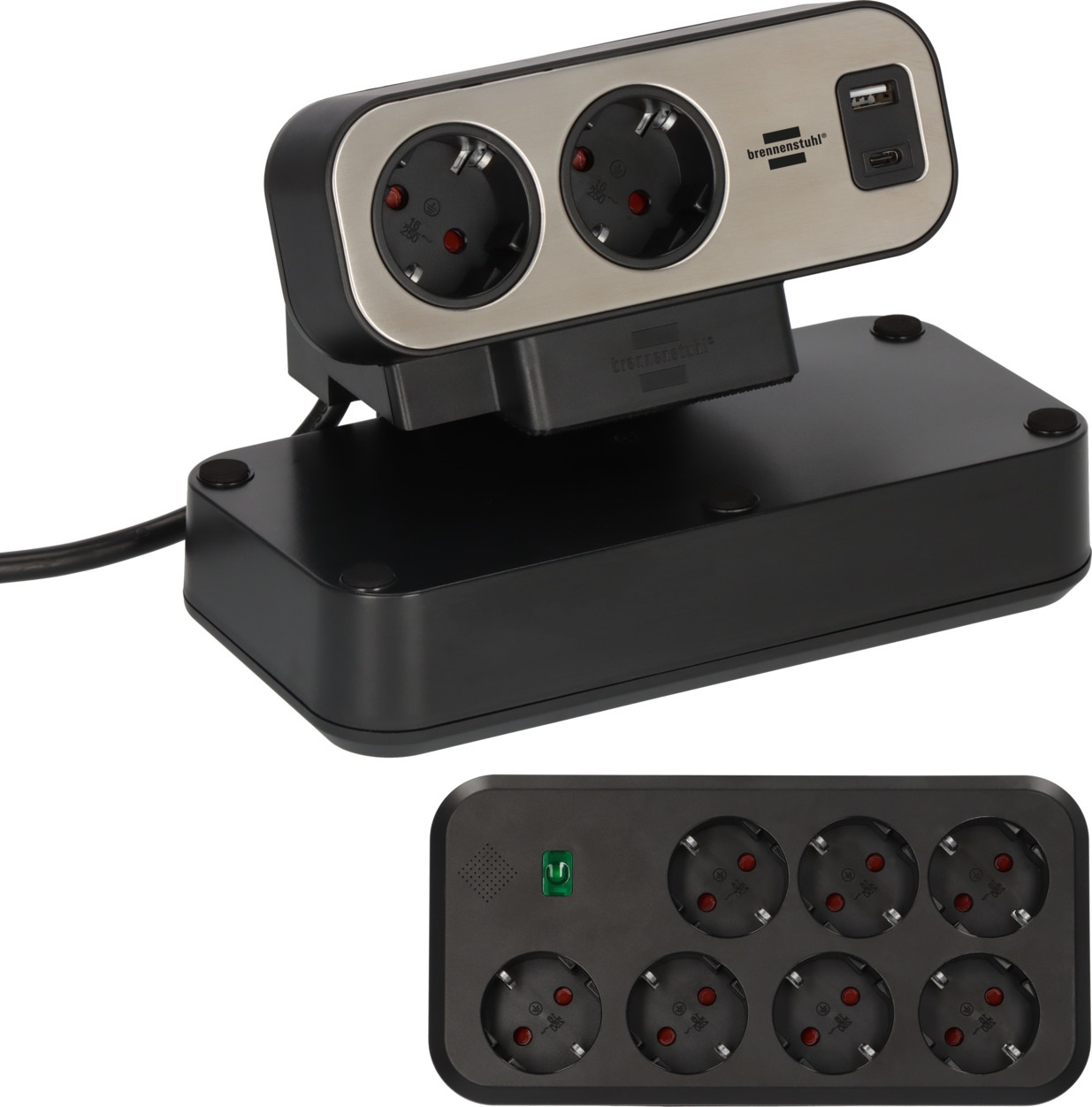 Brennenstuhl 1153580210 Prolunga e Multipresa 2 m con 9 Prese AC, 1x USB C, 1x USB A, Protezione da Sovratensioni, Interno, Nero e Argento