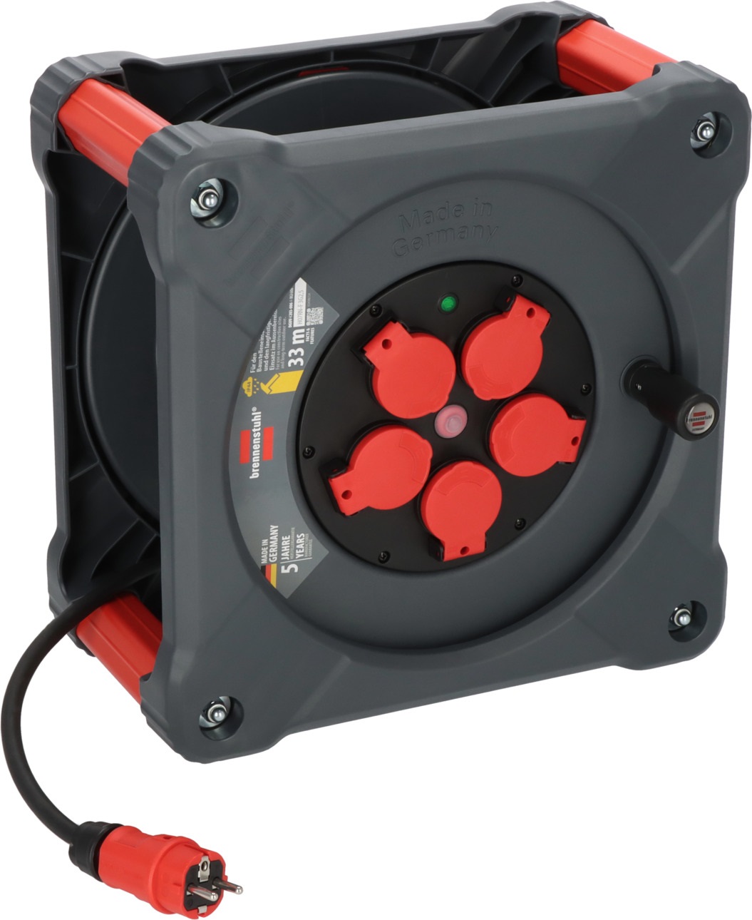 Brennenstuhl Avvolgicavo Professionale per Cantiere KA 3200 5 IP44 con 33 m di Cavo H07RN-F 3G2,5 e 5 Prese di Sicurezza