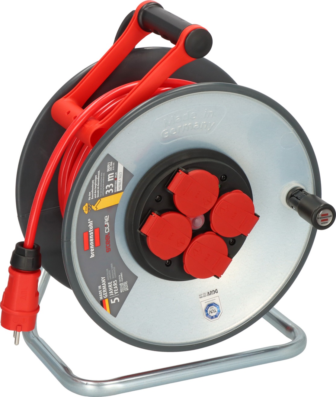 Brennenstuhl Professional SteelCore Avvolgicavo SC 3210 IP44 - 33 m H07BQ-F 3G2,5, Corpo in Lamiera d'Acciaio per Uso Esterno e Cantiere