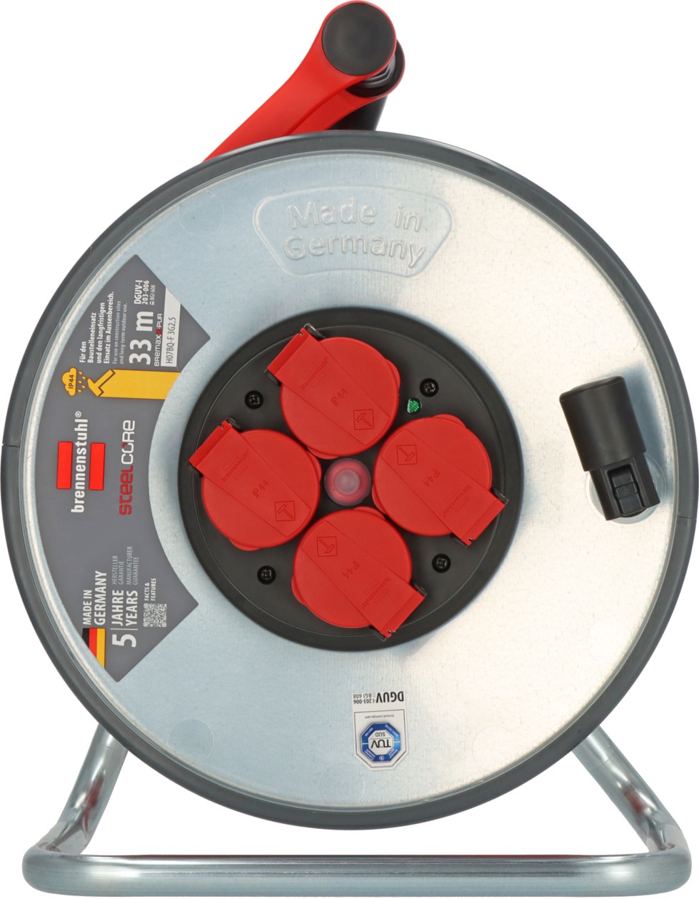 Brennenstuhl Professional SteelCore Avvolgicavo SC 3210 IP44 - 33 m H07BQ-F 3G2,5, Corpo in Lamiera d'Acciaio per Uso Esterno e Cantiere